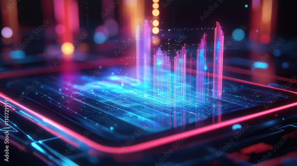 Obraz premium Abstract colorful data visualization with glowing bars in a digital environment.