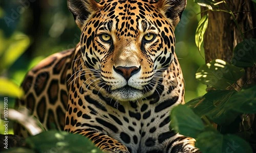 Majestic jaguar resting in vibrant jungle foliage showcasing its striking beauty