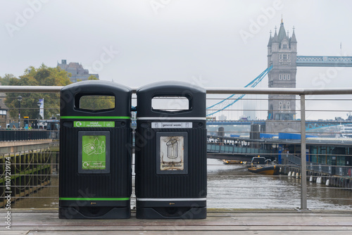 Recycling bins with Tower Bridge in the background