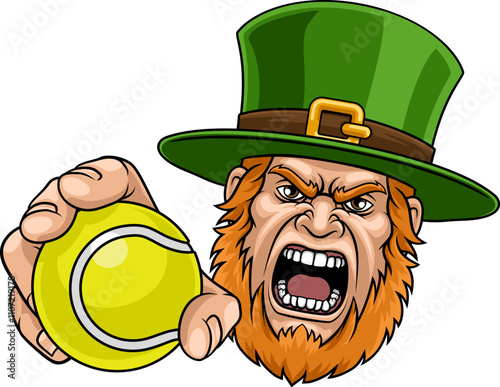 An angry Leprechaun Celtic Irish cartoon character holding Tennis ball sports team mascot illustration.