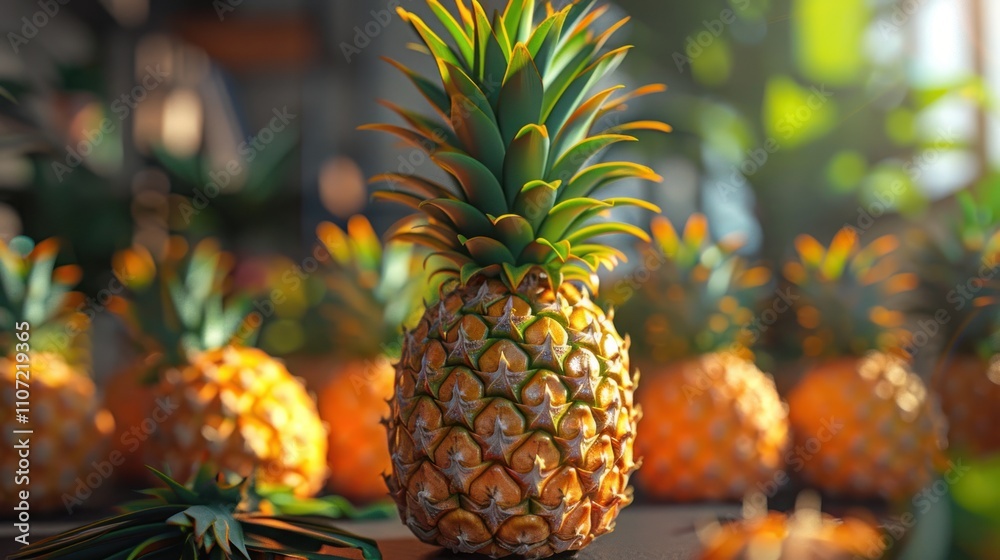 A vibrant pineapple stands out among a group, showcasing its tropical appeal. A vibrant pineapple stands out among a group, showcasing its tropical appeal.