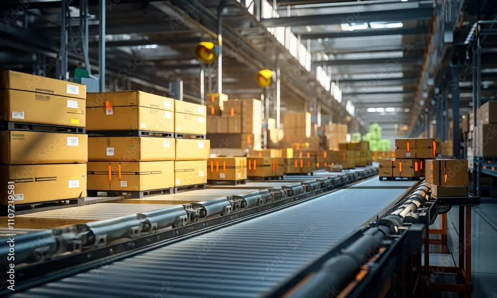 Packages move efficiently through a busy warehouse conveyor system in bright afternoon light Packages move efficiently through a busy warehouse conveyor system in bright afternoon light