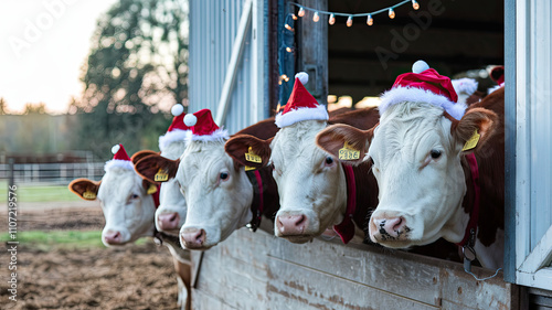 A group of cows wearing festive Christmas hats, playfully peeking out from behind a barn door, capturing a cheerful holiday spirit with a rustic charm. photo