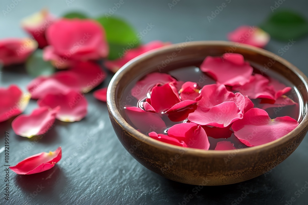 Rose water with rose petals on a wooden background