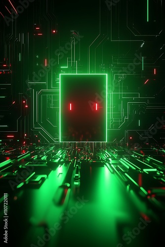 Futuristic Digital Landscape with Glowing Green Circuit Board and Neon Elements in Technology Environment