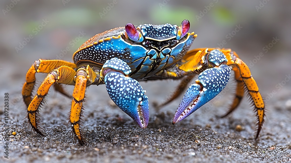 Vibrant blue and orange crab on dark ground, close-up. Vibrant blue and orange crab on dark ground, close-up.