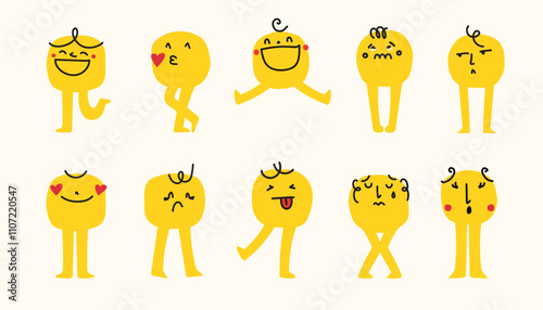 Set of abstract emoticons doodle icons. Emoji outline icons with legs. Smile icons cartoon. Stickers emoticon. Vector flat icons for social media.