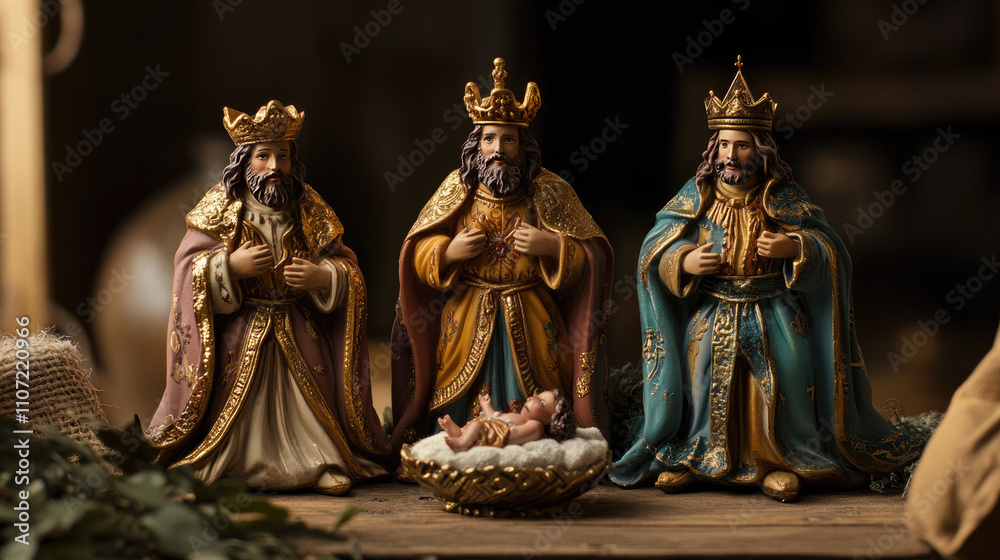 Three ornate kings stand proudly by the nativity, showcasing intricate details in festive colors. Three ornate kings stand proudly by the nativity, showcasing intricate details in festive colors.