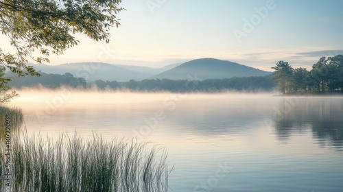 Serene misty sunrise over calm lake with mountains in background.