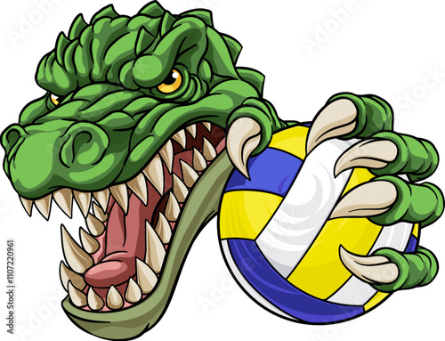 An alligator, crocodile or dinosaur volleyball animal sports mascot holding a volley ball in his claw