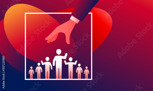 Hand choosing selected person from group of people, red gradients