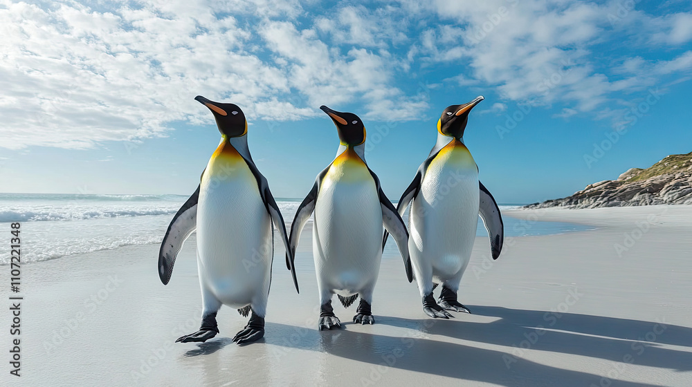 Fototapeta premium Three majestic emperor penguins walking along a pristine beach under a bright blue sky.