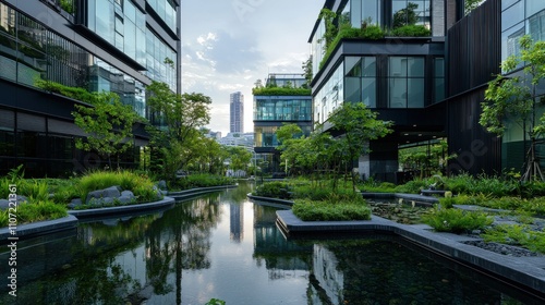 Modern green buildings in serene urban landscape nature and architecture blend tranquil city environment aesthetic viewpoint