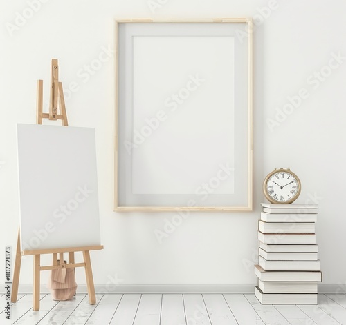 Blank canvas on an easel. a framed picture. books and a clock on a white wall