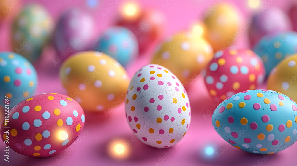 Fototapeta premium Colorful Polka Dot Easter Eggs on Pink Background