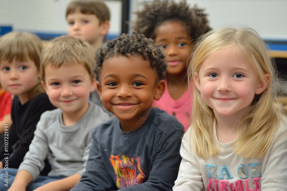 Diverse Group of Young Children Sitting Together in Colorful Classroom Setting Diverse Group of Young Children Sitting Together in Colorful Classroom Setting