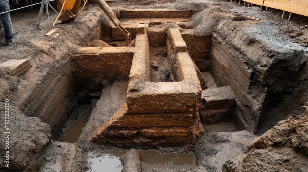 Fototapeta premium Archaeological excavation site with trenches and exposed foundations, showing historical ruins and stratified earth layers.