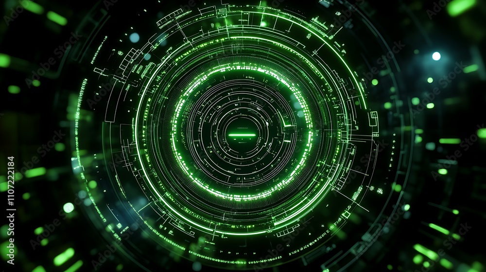 Fototapeta premium Futuristic Green Circular Digital Interface with Glowing Patterns and Data Stream Elements