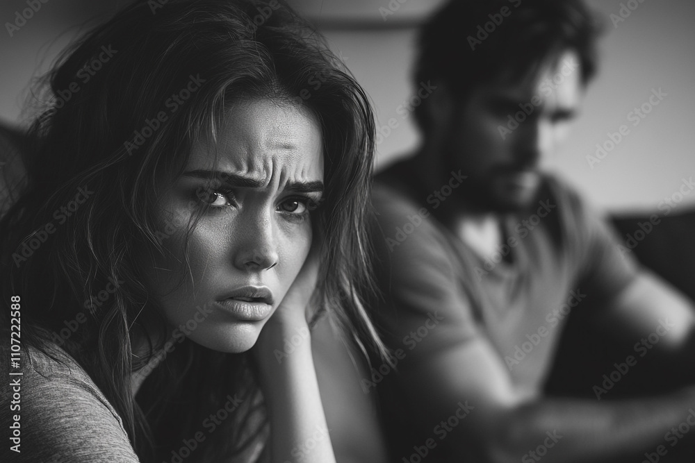 Woman in tears, sadness, hides face and shrinks on couch, while her distressed husband sits at other end. Family toxic bonds, disputes and mutual disregard in relationship lead to divorce Woman in tears, sadness, hides face and shrinks on couch, while her distressed husband sits at other end. Family toxic bonds, disputes and mutual disregard in relationship lead to divorce