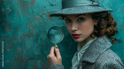 Woman in detective attire holding a magnifying glass, with a mysterious expression, against a textured teal background. 