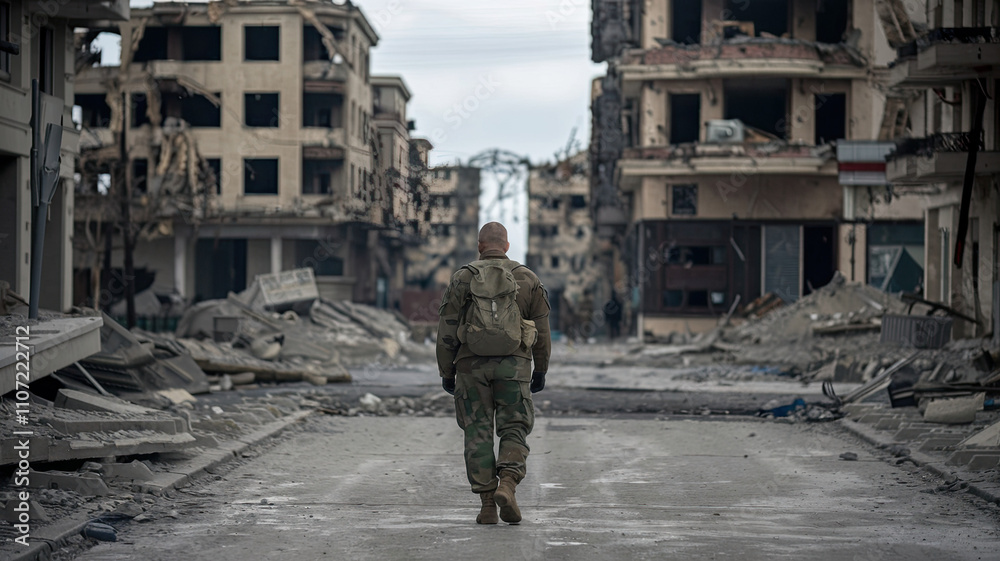 custom made wallpaper toronto digitalAlone soldier walking through a destroyed city, surrounded by rubble and remnants of buildings, evoking themes of war, resilience, and desolation in a post-apocalyptic atmosphere.