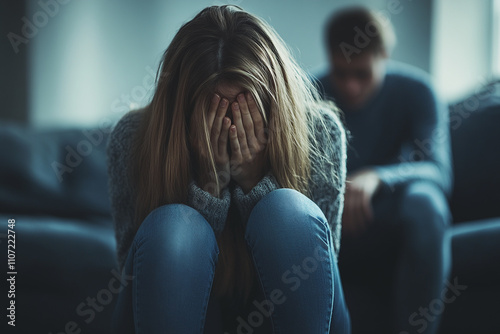 Woman in tears, sadness, hides face and shrinks on couch, while her distressed husband sits at other end. Family toxic bonds, disputes and mutual disregard in relationship lead to divorce