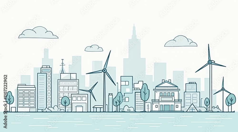 Fototapeta premium Cityscape with Wind Turbines Line Art