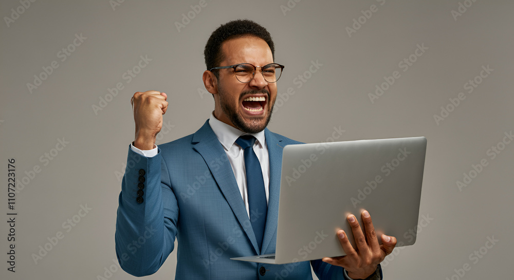 A professional businessman wearing a suit joyfully celebrates a successful achievement while holding a laptop, expressing excitement and victory in a modern office setting. A professional businessman wearing a suit joyfully celebrates a successful achievement while holding a laptop, expressing excitement and victory in a modern office setting.