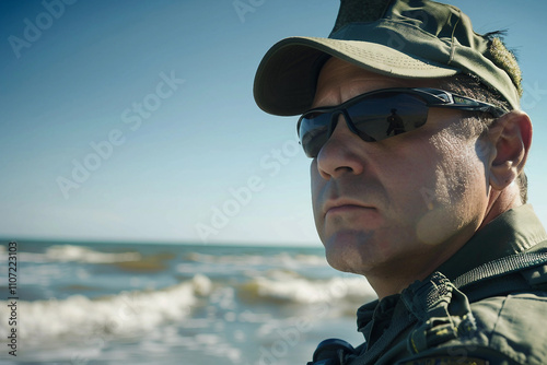 Generative AI Image of Lifeguard on Duty with Lifebuoy on Ocean Beach photo