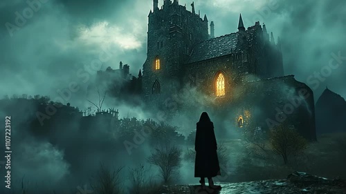 view of a dark gothic castle near a misty river under a stormy sky, generative ai