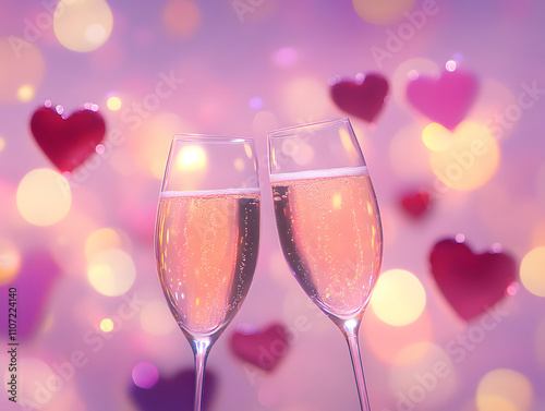 Cheers to love with two champagne glasses slightly tilted and touching each other, set against dreamy background of soft bokeh and heart shapes