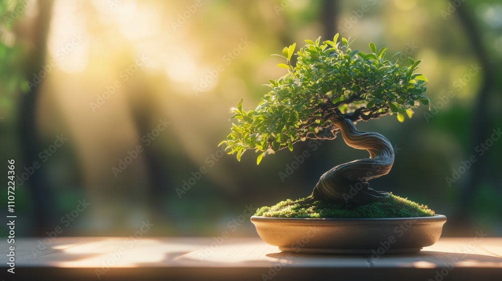 Tranquil bonsai tree in sunlit garden reflecting nature's zen