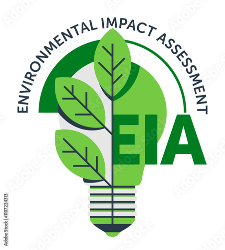 EIA - Environmental Impact Assessment. Lightbulb with plant, green color