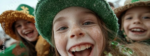 Cultural cheer - lively portrayal of smiling individuals celebrating St. Patrick's Day, dressed in traditional garments, essence of unity, happiness, festive pride in this beloved cultural event. photo