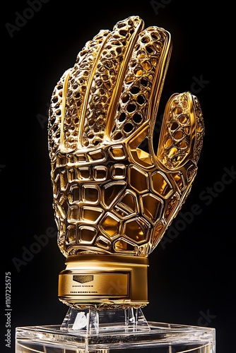 Luxurious golden goalkeeper glove trophy with intricate honeycomb design