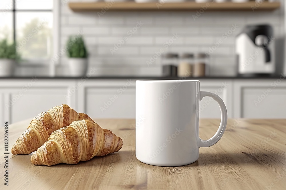Cozy Kitchen Setting with White Coffee Mug and Fresh Croissants on Wooden Table Cozy Kitchen Setting with White Coffee Mug and Fresh Croissants on Wooden Table