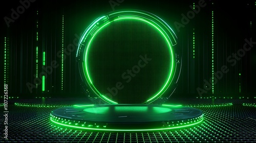 Futuristic Neon Green Portal Display in Dark Environment with Glowing Elements and Digital Grid Background