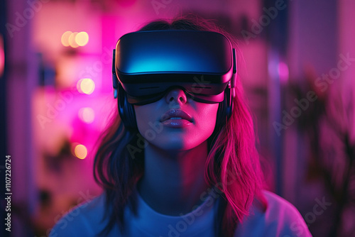 Young Creative Female Wearing a Virtual Reality Headset at Home. Woman Enters Digital Internet 3D Universe. photo
