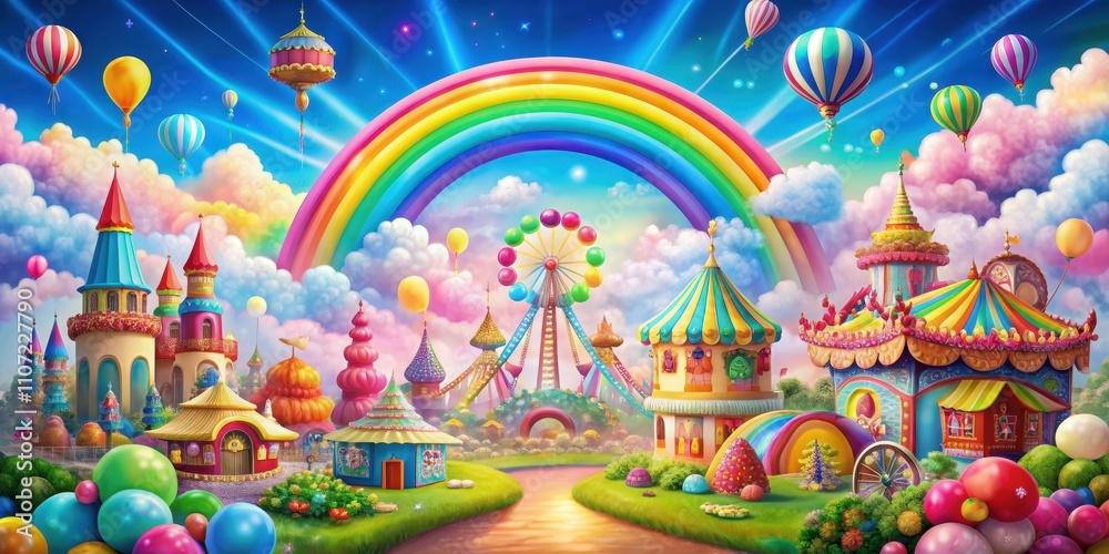 Colorful amusement park filled with candies, clouds, rainbows, and fairies , fun, playful, whimsical, fantasy, sweets