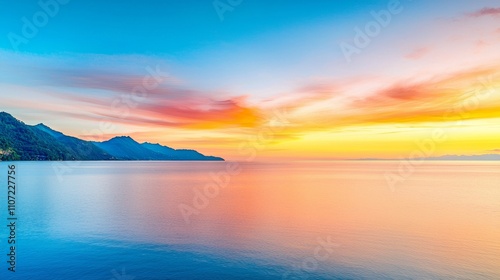 A stunning sunset over calm waters, reflecting vibrant hues of orange, pink, and blue, with distant mountains enhancing the serene landscape.