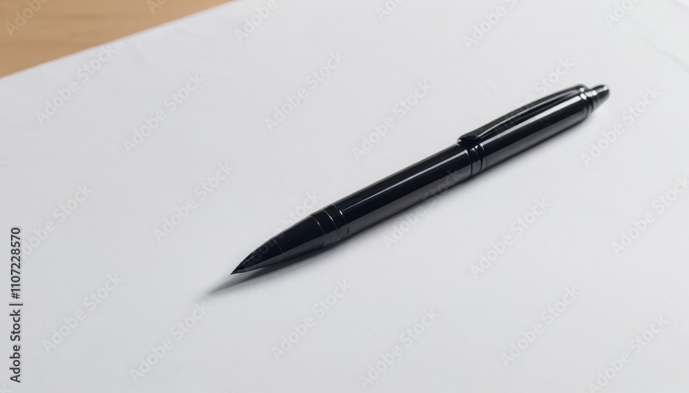 Black pen resting on a blank sheet of paper, ready for writing, simple and minimalistic composition Black pen resting on a blank sheet of paper, ready for writing, simple and minimalistic composition