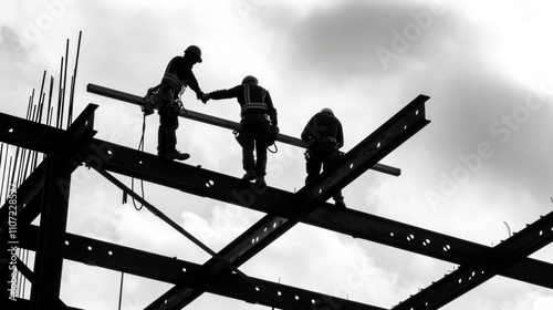 Three workers standing on a steel frame working together to secure beams in place. photo