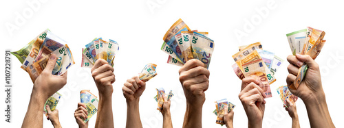 Many hands holding Euro banknotes isolated from background