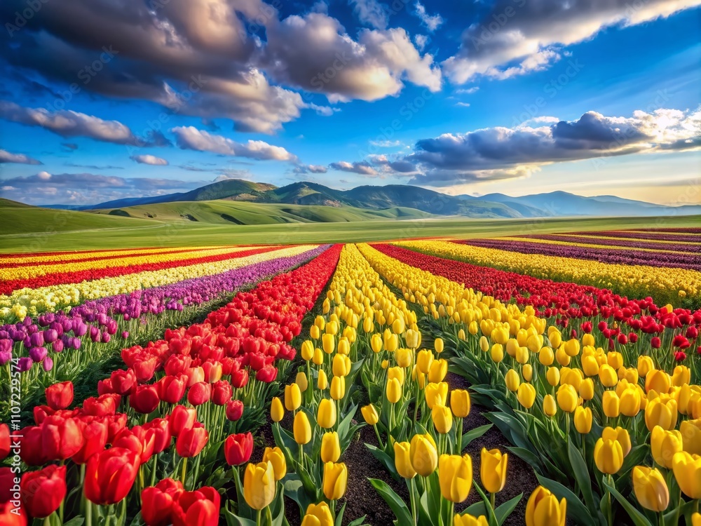 Vibrant Tulip Fields in Full Bloom: A Stunning Landscape Photography Capture of Colorful Blossoms Against a Clear Blue Sky Vibrant Tulip Fields in Full Bloom: A Stunning Landscape Photography Capture of Colorful Blossoms Against a Clear Blue Sky