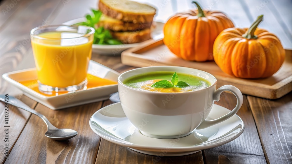 Green tea and pumpkin puree served for a light breakfast in a restaurant setting, green tea Green tea and pumpkin puree served for a light breakfast in a restaurant setting, green tea