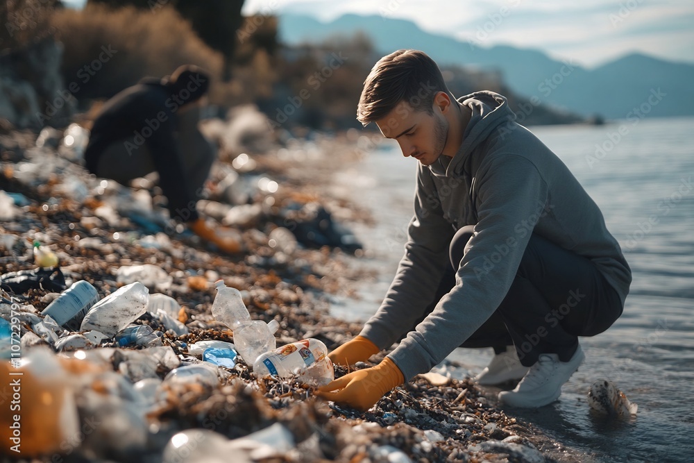 Fototapeta premium Volunteers Cleaning Up Polluted Beach Covered in Trash and Debris for Environmental Conservation