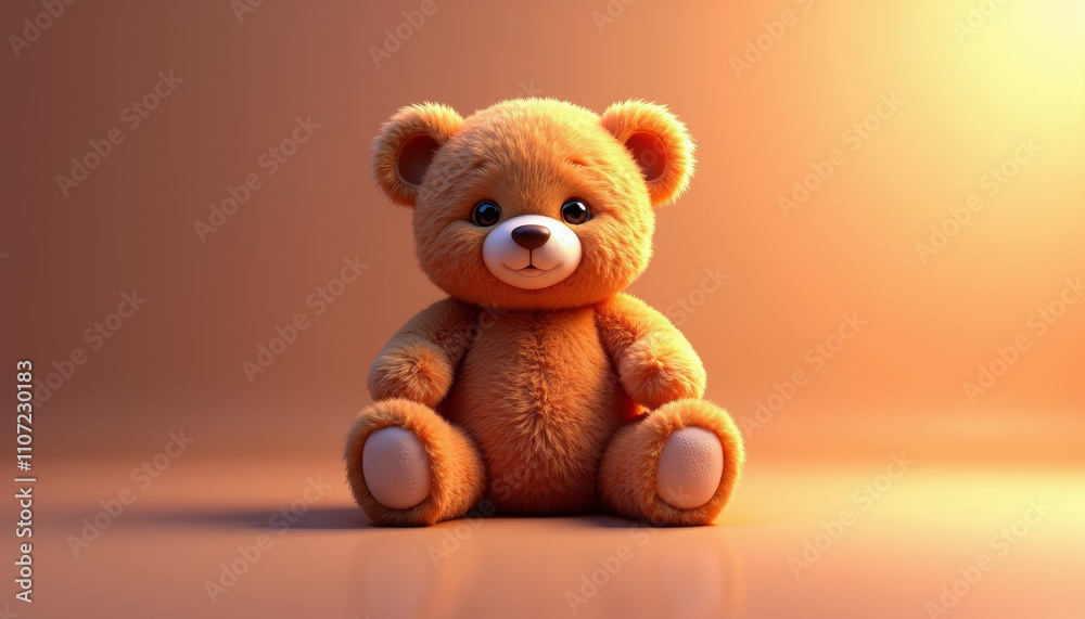 Soft teddy bear sitting on glossy surface, feeling cheerful, with warm light background, inviting scene Soft teddy bear sitting on glossy surface, feeling cheerful, with warm light background, inviting scene