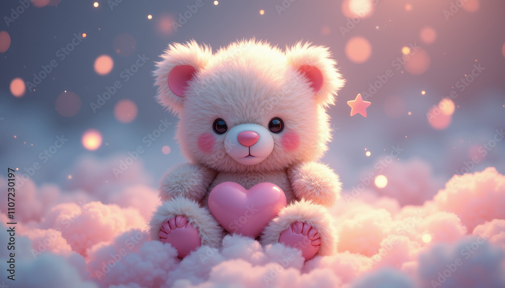Fototapeta premium Cute teddy bear holding a heart, feeling adorable, with fluffy clouds and sparkling background, dreamy atmosphere