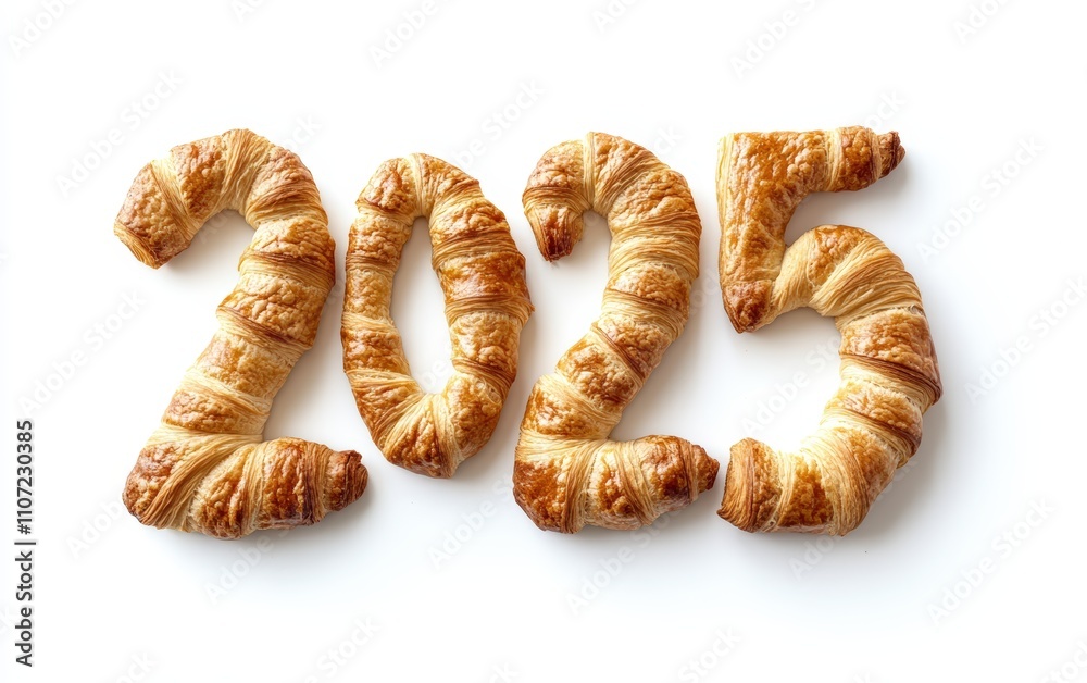 2025 Made of Croissant Dough â?“ Numbers formed with raw, spiraled croissant dough, ready for baking. Rustic and unique, white background. 2025 Made of Croissant Dough â?“ Numbers formed with raw, spiraled croissant dough, ready for baking. Rustic and unique, white background.