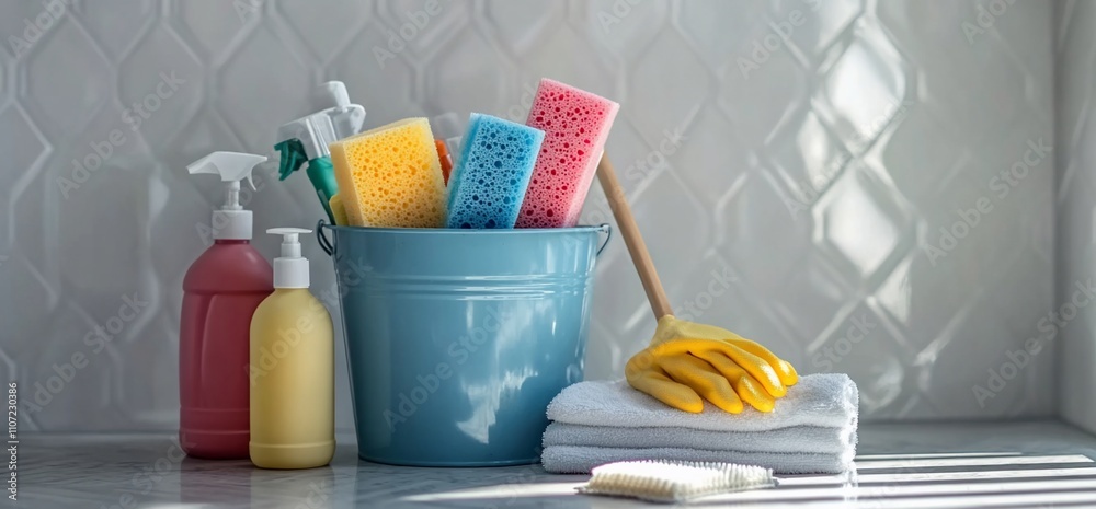 Cleaning supplies arranged in a bucket with sponges and towels. Cleaning supplies arranged in a bucket with sponges and towels.